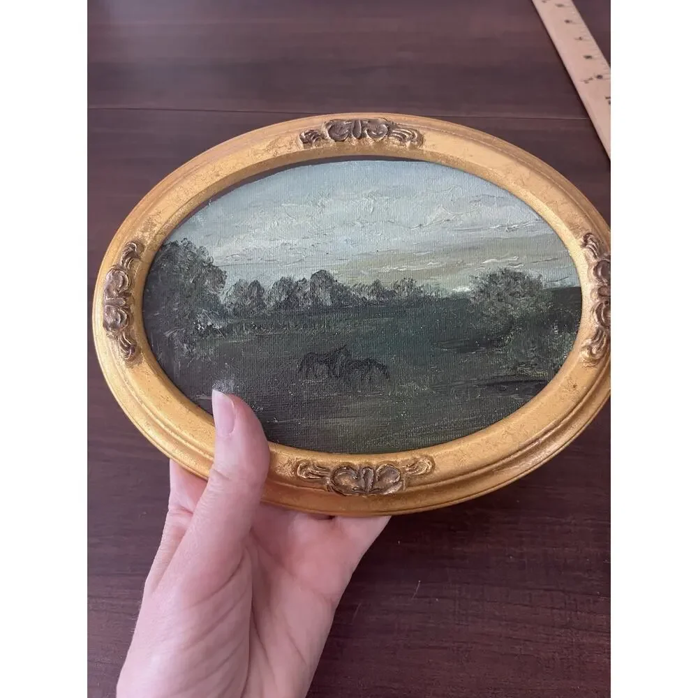 Vintage Wooden Oval Ornate Regency Victorian Framed Painting Of Horses